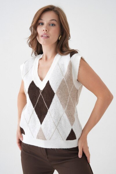 venezia giyim Kadın V Yaka Desenli Yumuşak Dokulu Triko süveter // V8620