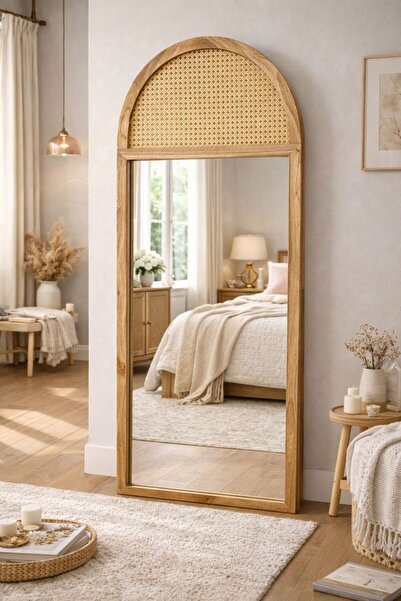 Bin shihoon arched floor mirror with a wooden frame