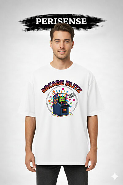 PERISENSE تي شيرت للجنسين ريترو جيمنج مطبوع من القطن الممشط الفاخر قصة فضفاضة