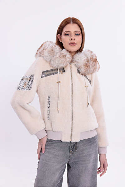 nero leather fur Kapüşon Kenarı Kürklü, Deri Detaylı, Kolej Tarzı Yün Kadın C...