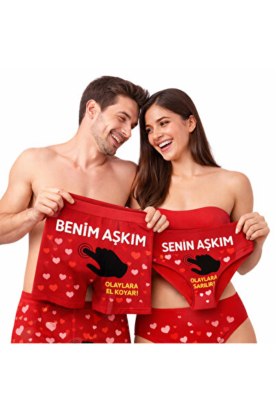 HediyeMania Çiftlere Özel Baskılı Kırmızı Erkek Boxer ve Kadın Külot İç Çamaş...