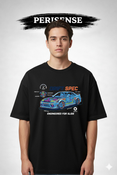 PERISENSE Unisex Drift Car Blueprint Schematic Printed Premium Combed Oversiz...