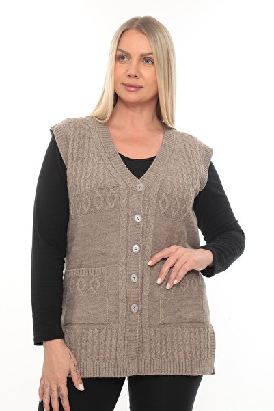 İKSUN Women's Buttoned Pocketed V-Neck Knitted Wool Mother Knitwear Winter Vest