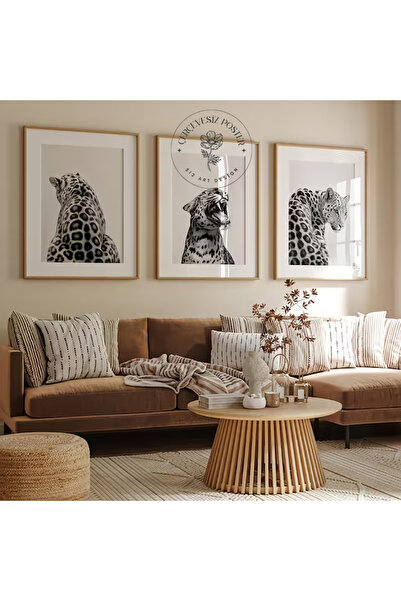 512 STORE 3'lü Leopar Siyah Beyaz Estetik Duvar Dekor Çerçevesiz Kuşe Kağıt P...