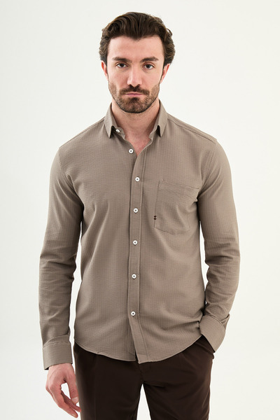 Mcr Patterned Slim Fit Pocket Detailed Long Sleeve Men's Shirt Milk Coffee - ...