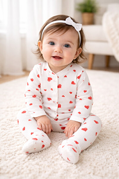 Nexvora Red Heart Patterned Baby Romper with Footies 1 Month 3 Months 6 Months