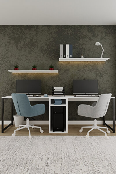 AYMOBSAN Twin 2 Kişilik Raflı Çalışma Masası Ofis Bilgisayar Masası - Beyaz
