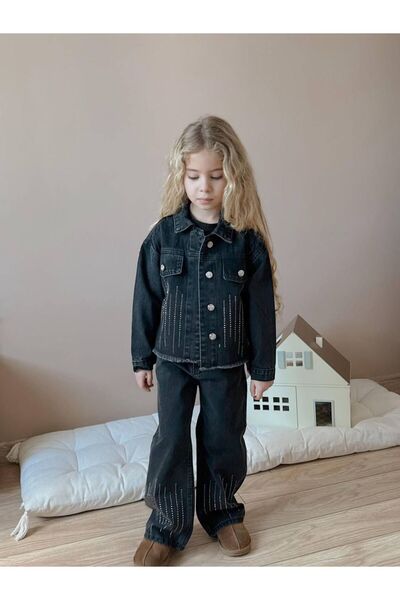 babymoon kids Girl's Stone Detailed Denim Jacket and Pants Set Black – 2-Piec...