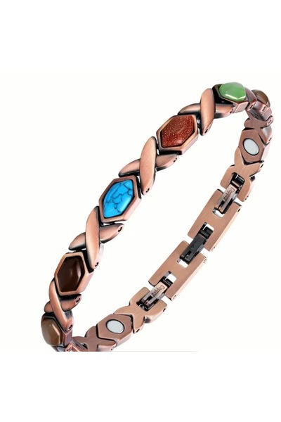 Ekinoksen %100 Saf bakır manyetik ve doğal taşlı bileklik, ayar aparatı ile b...