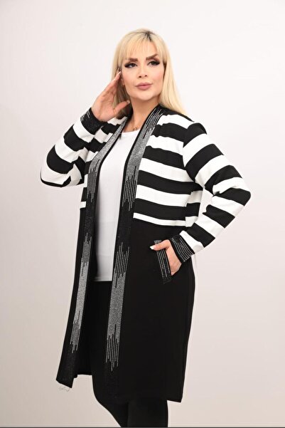 LİLİ BUTİK UZUN HIRKA MEVSİMLİK BÜYÜK BEDEN TAŞ DETAYLI