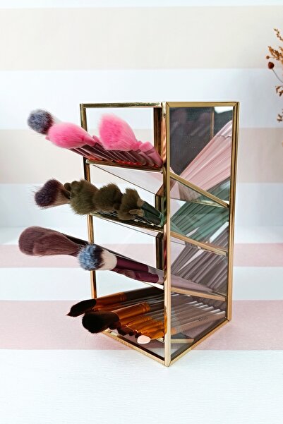 EsaDesign Mirrored Glass Makeup Brush Organizer with Brass Frame 4 Compartmen...