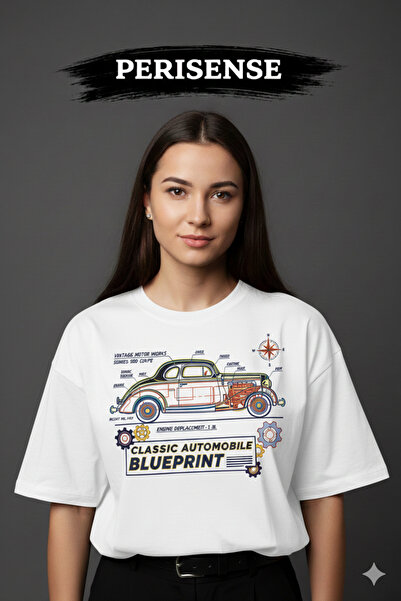YRN COLLECTION تي شيرت للجنسين من نوع Vintage Classic Car BLUEPRINT مطبوع Pre...