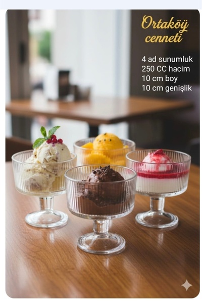 ORTAKÖY CENNETİ 4-Piece Footed Glass Striped Dessert Ice Cream Pudding Presen...