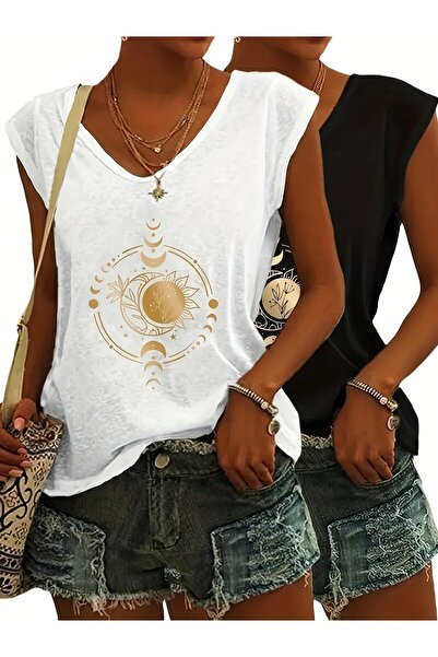 mercoledi Women's 2 Piece Mix Printed V-Neck Sleeveless Oversized Salas Boyfr...