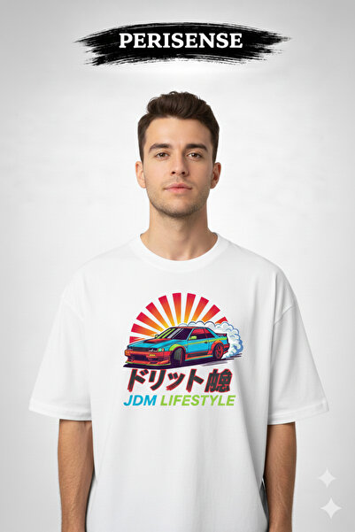 PERISENSE تي شيرت للجنسين JDM Spirit مطبوع من القطن الممشط الفاخر قصة فضفاضة