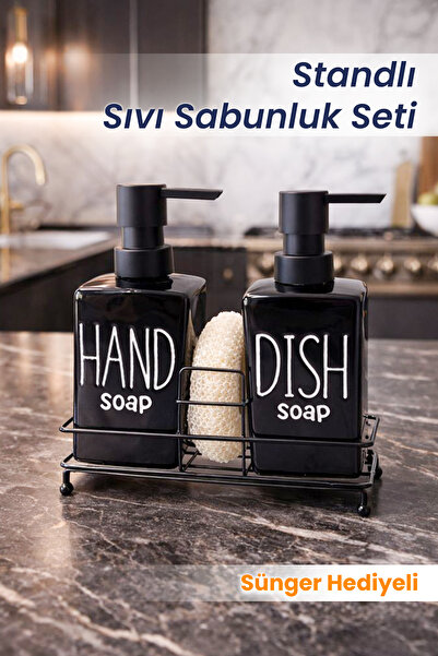 naturelove 2'li Kare Sıvı Sabunluk Seti Metal Standlı Süngerli Bulaşık Deterj...