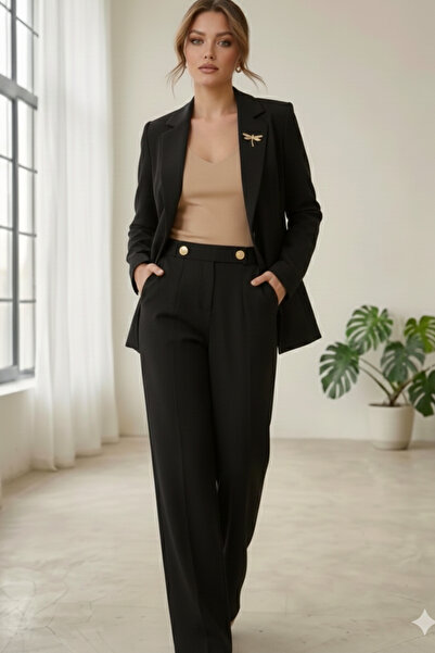 diaves Siyah Kadın Aksesuarlı Astarlı Tek Düğme Blazer Ceket & Kumaş Pantolon Takım Elbise