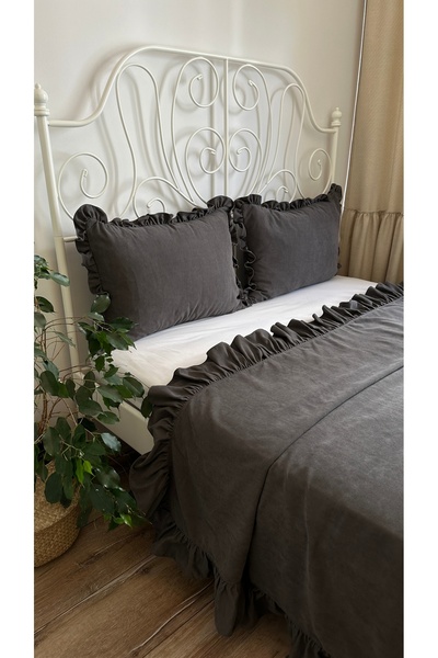 Decamor home 2 Pieces Vintage Ruffled Anthracite Gray Smoked Pillowcases