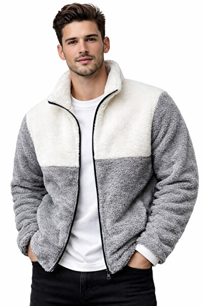 giyimadam16 Men's Color Block Plush Fleece Cardigan