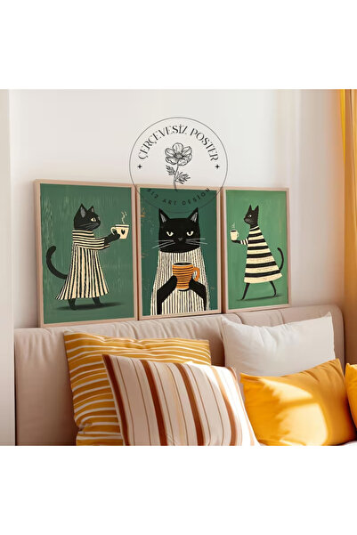 512 STORE Kahve İçen Çizgili Kedi Tasarım Duvar Dekor Çerçevesiz Kuşe Kağıt P...