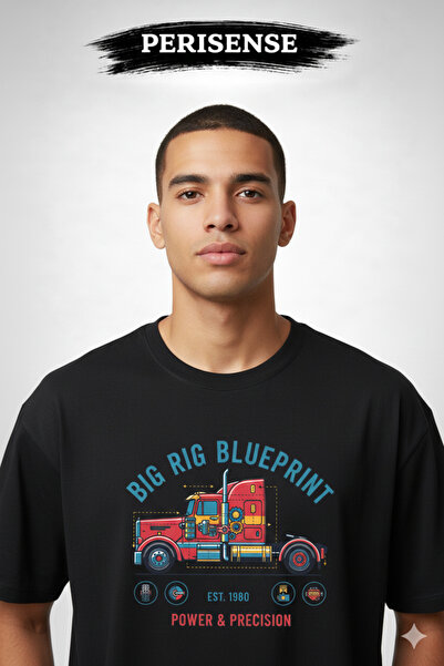 PERISENSE تي شيرت للجنسين من Truck BLUEPRINT مطبوع مصنوع من القطن الممشط الفا...