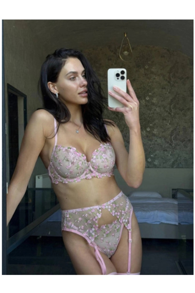 ARONA Kadın Çiçek Desenli Brode İşlemeli Jartiyerli Sütyen Takımı Pembe