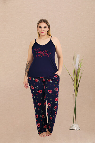 MOPİ Plus Size Patterned Suspender Lace Detailed Comfortable Wear 2-Piece Paj...