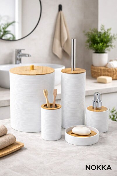 NOKKA 5 Parça Bambu Detaylı Akrilik Banyo Seti, Sabunluk Seti