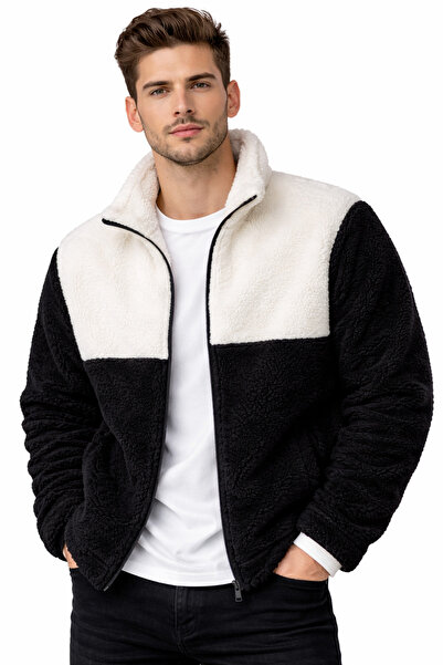 giyimadam16 Men's Color Block Plush Fleece Cardigan