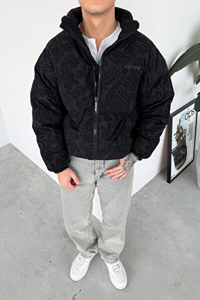 HAFKAGİYİM Palton negru cu detaliu etnic în relief supradimensionat