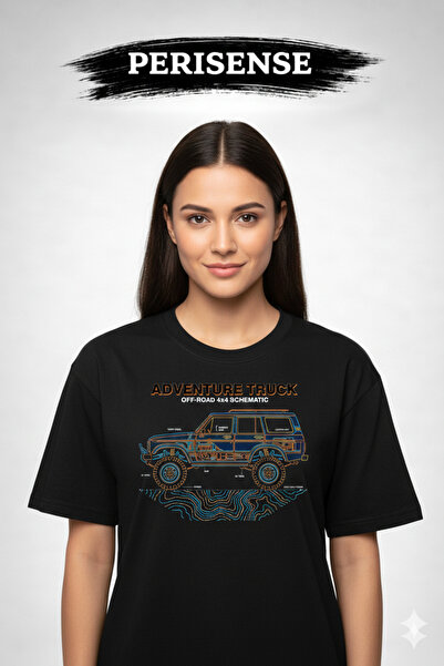 PERISENSE Unisex Off-Road 4X4 Vehicle Blueprint Printed Premium Combed Oversi...