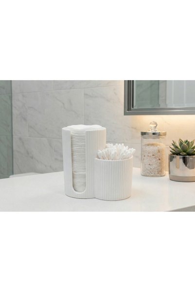 GRC 3D 2-Compartment Makeup Cotton and Swab Organizer - Stylish White Bathroom Organizer
