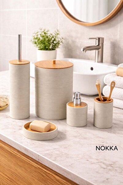 NOKKA 5 Parça Bambu Detaylı Akrilik Banyo Seti, Sabunluk Seti