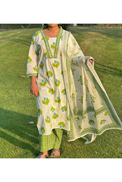 IndHeritage Premium Snow white cotton 3pc kurti set / salwar suit with green ...