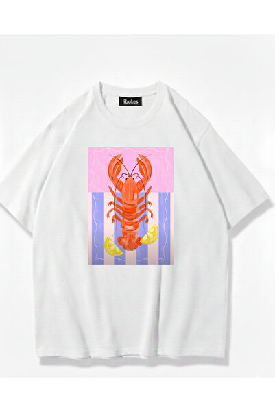 libukes Unisex Istakoz ve Limon Baskılı Beyaz Tişört