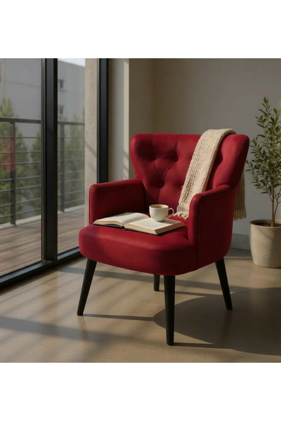 WATERYBROOK Tekli Berjer Koltuk - Kapitoneli Babyface Kumaş - Siyah Ahşap Aya...