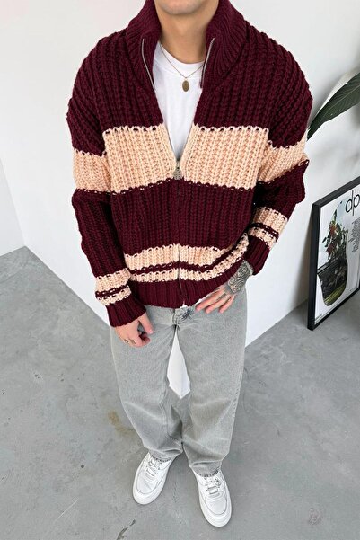 HAFKAGİYİM Burgundy Knitted Retro Sweater Cardigan