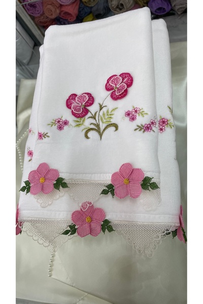 AHSEN TASARIM Handcrafted Faux Silk Thread 3D Velvet Needlepoint Anal Girl Towel Set