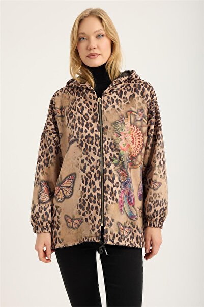 HomeStore Куртка на блискавці з леопардовим принтом + метеликом + сонним капю...
