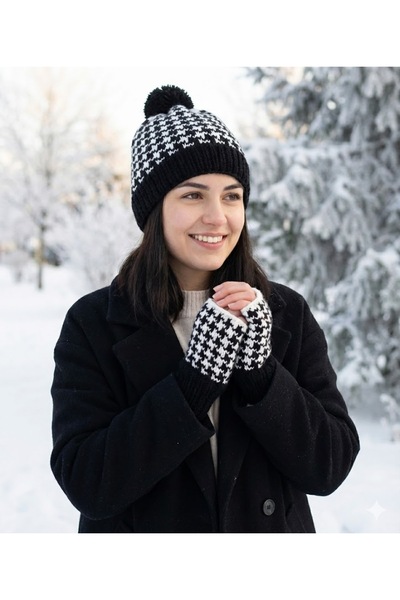 MESKSTORE Hand Knitted Black and White Patterned Beanie Gloves Set Unisex