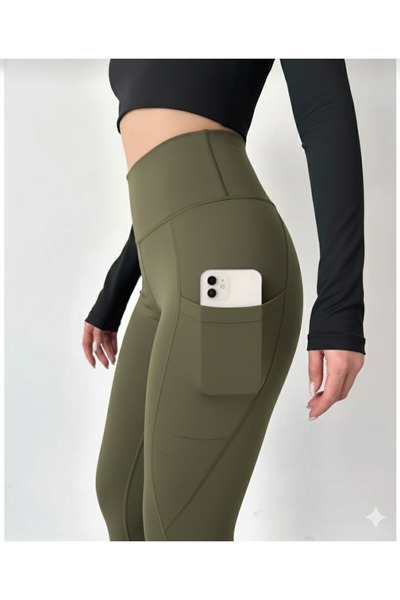 jeneric Leggings sport pentru femei, kaki, cu talie înaltă buzunare duble, ef...