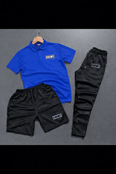 NOFLEN Polo Yaka Knows Printed 3-Piece Shorts and Sweatpants Set