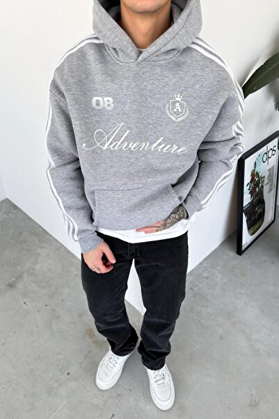 HAFKAGİYİM Γκρι φούτερ με τύπωμα με λεπτομέρεια oversized ρίγες