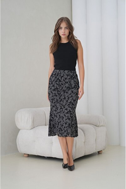 MAMAYAGA Women's Elastic Waist Floral Patterned Tulle Fishtail Skirt Flared M...