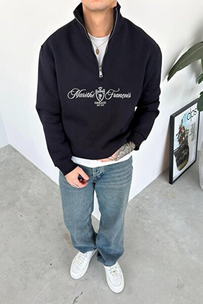 HAFKAGİYİM Μπλουζάκι με μισό φερμουάρ Navy Blue με τύπωμα