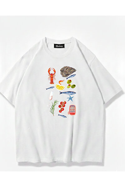 libukes Unisex Beyaz Karışık İkon Baskılı (Istakoz, İstiridye, Zeytin) Oversi...