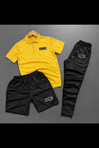 NOFLEN Polo Yaka Knows Printed 3-Piece Shorts and Sweatpants Set