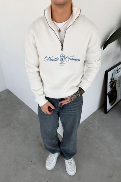HAFKAGİYİM White Printed Half Zipper Oversize Sweatshirt