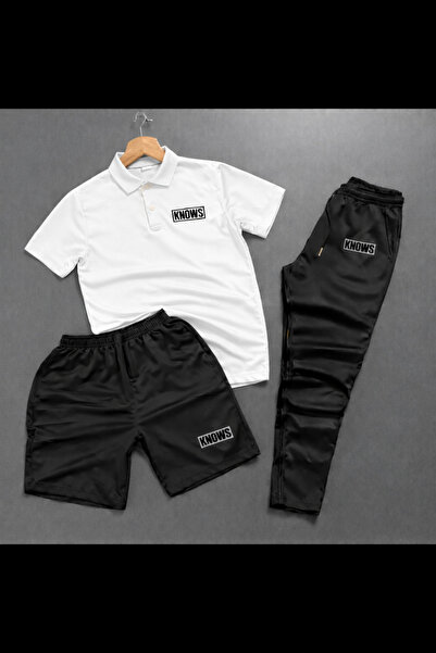 NOFLEN Polo Yaka Knows Printed 3-Piece Shorts and Sweatpants Set