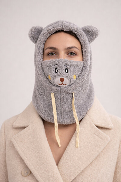 Şirin Giyim Aksesuar Plush Balaclava Grey Pocketed Bear Detail Eared Teddy Be...